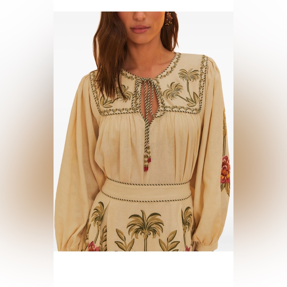 Farm Rio Sand Tropical Flower Embroidered Blouse